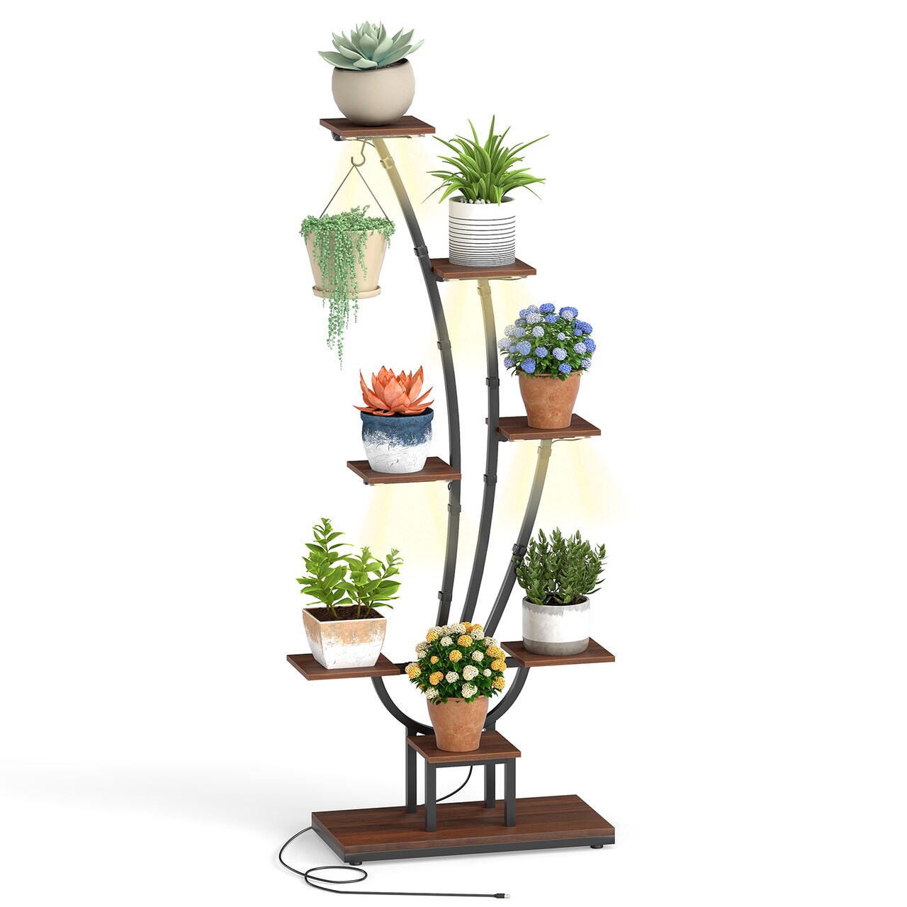 Brown - Black Corner Plant Stand with Built-in Grow Lights, Metal Frame